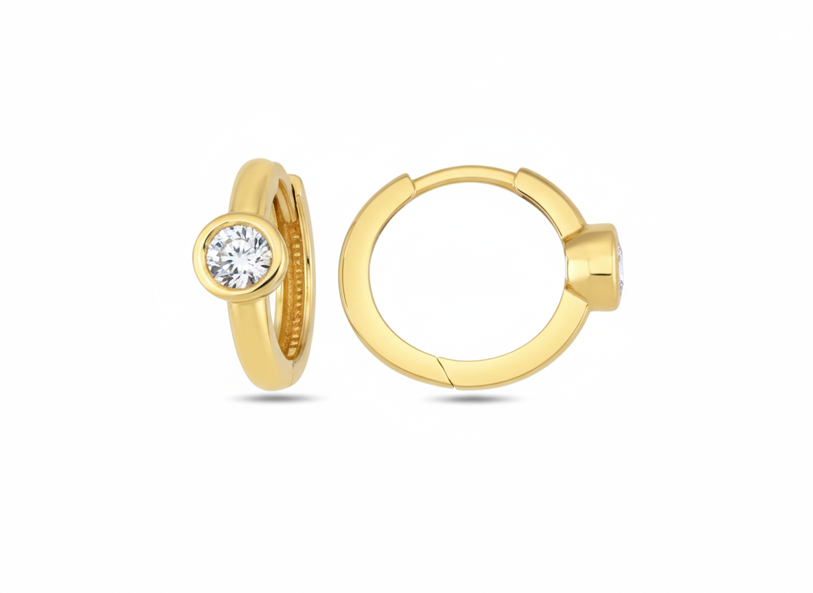 10KT Gold Bezel Set Round Solitaire Huggies