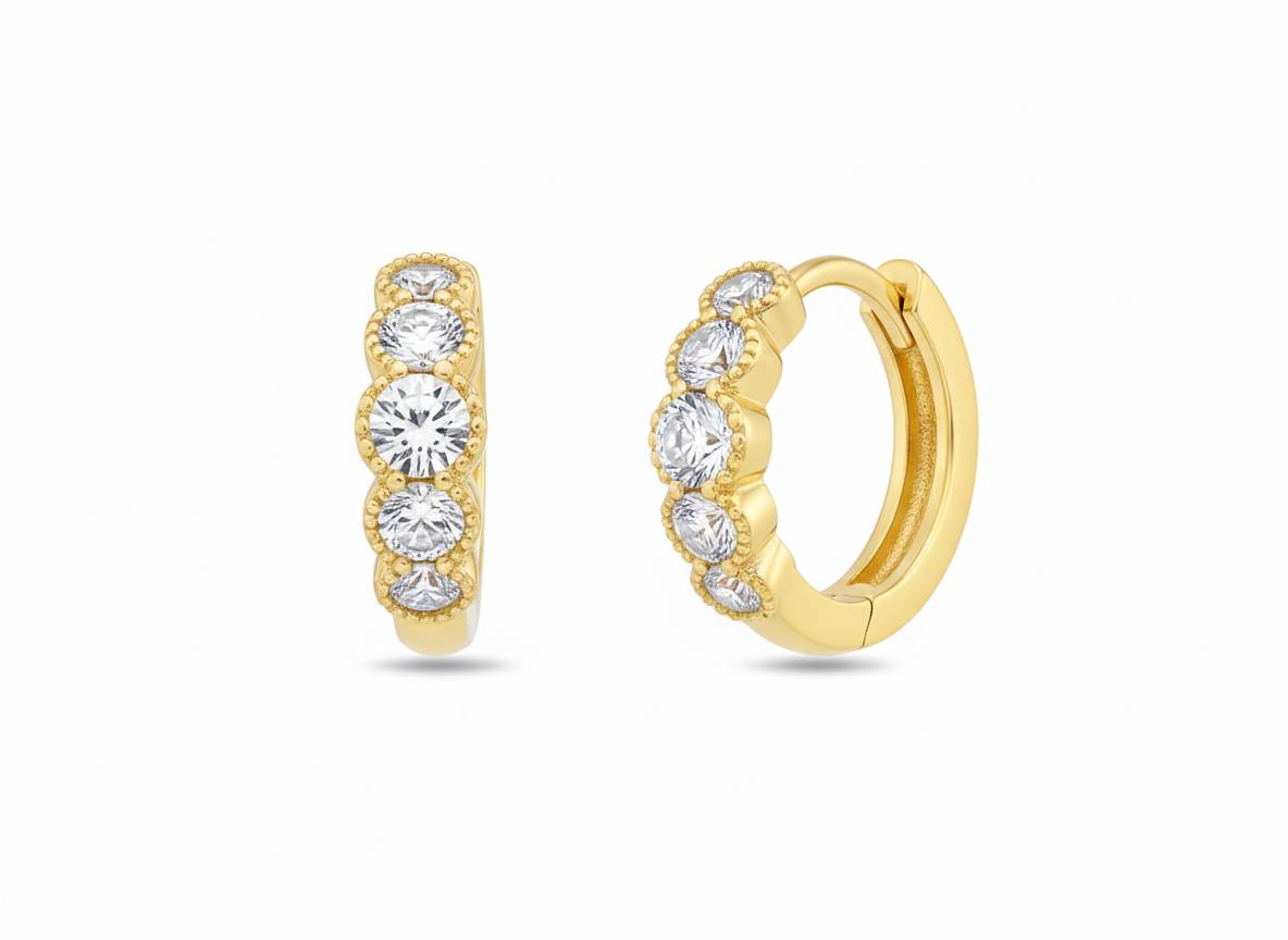 10KT Gold Five Stone Milgrain Huggies