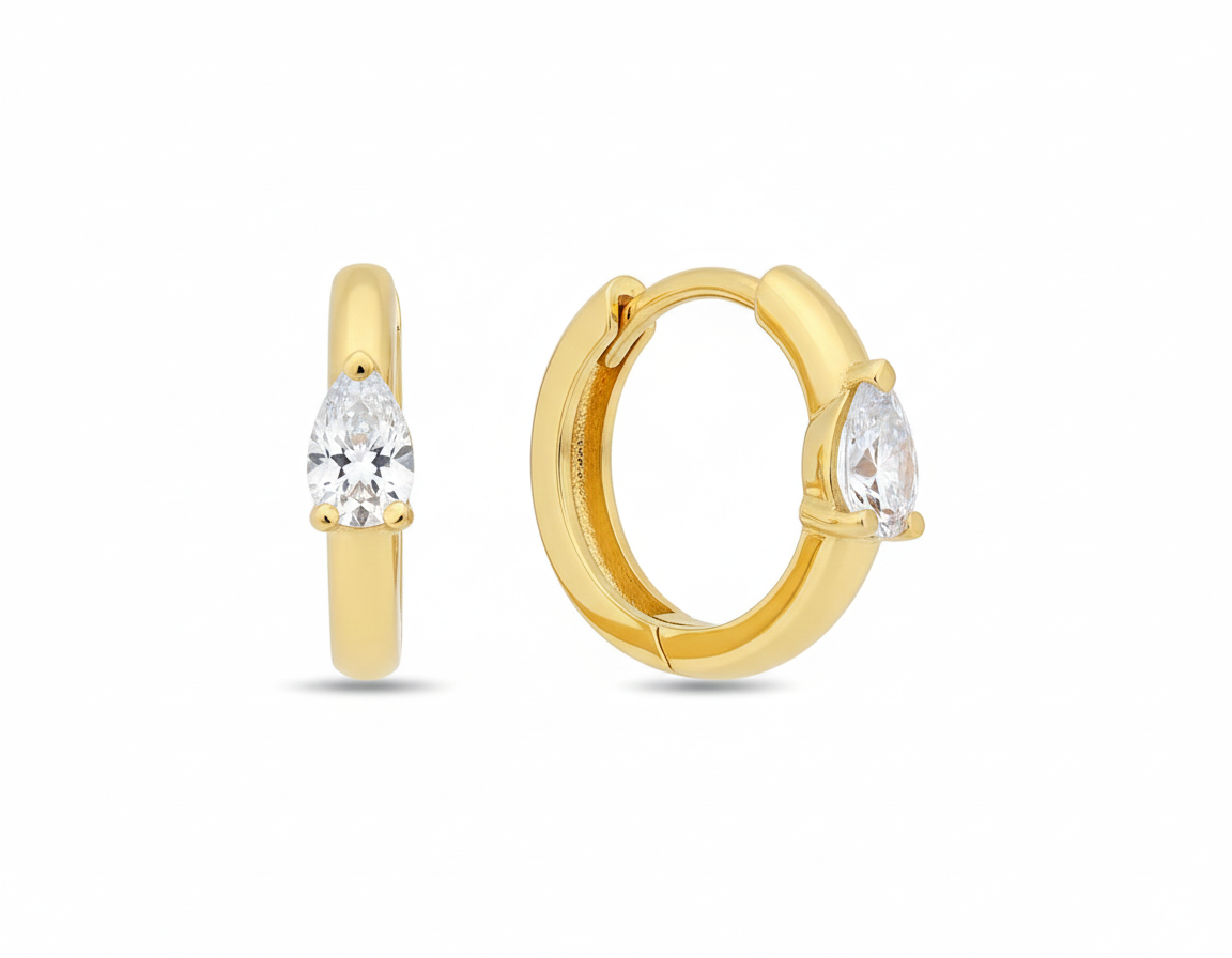 10KT Gold Pear Solitaire Huggies