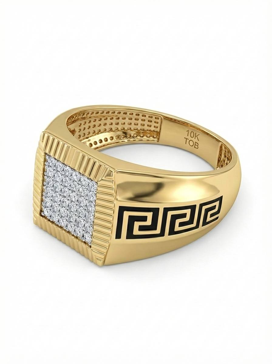 10KT Yellow Gold Men's Square Studded Ring with Enameled Pattern