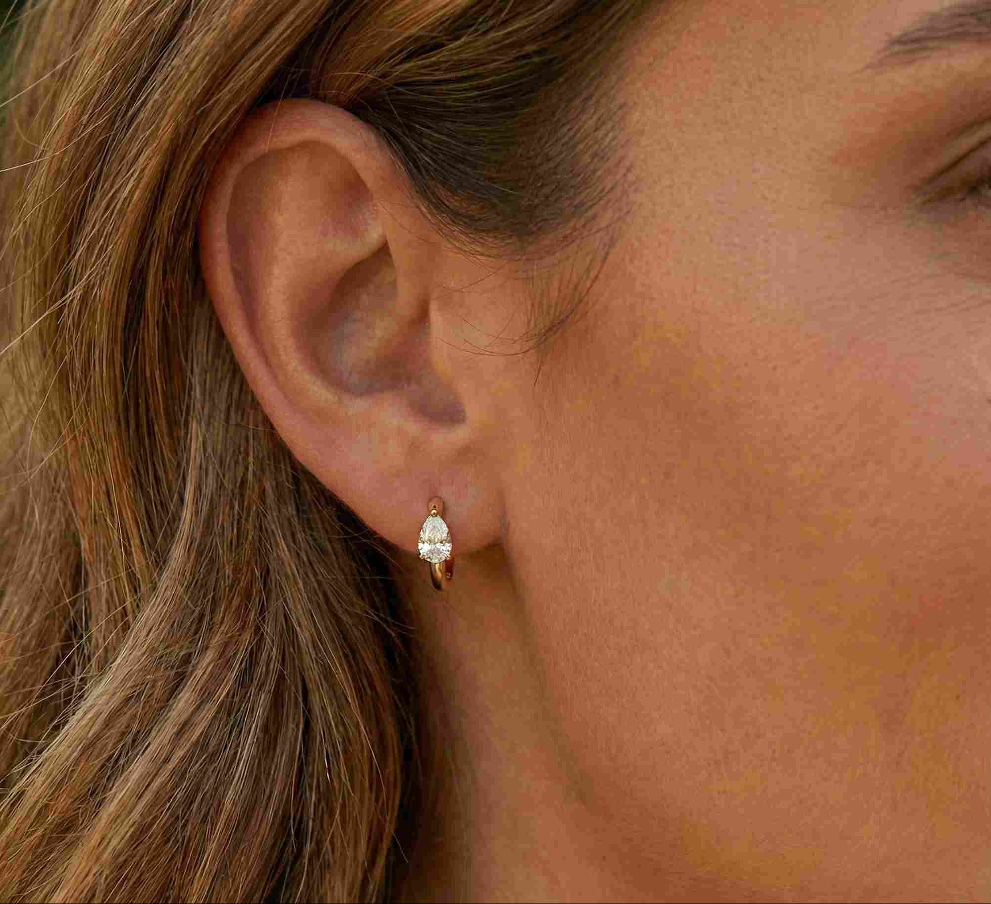 10KT Gold Pear Solitaire Huggies
