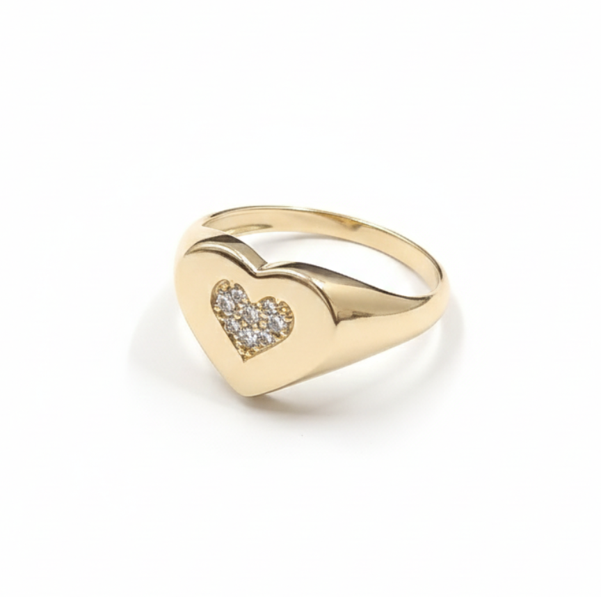 10KT Paved Signet Heart Ring