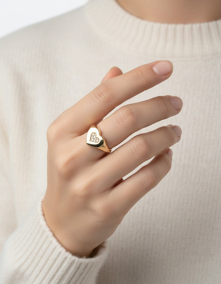 10KT Paved Signet Heart Ring