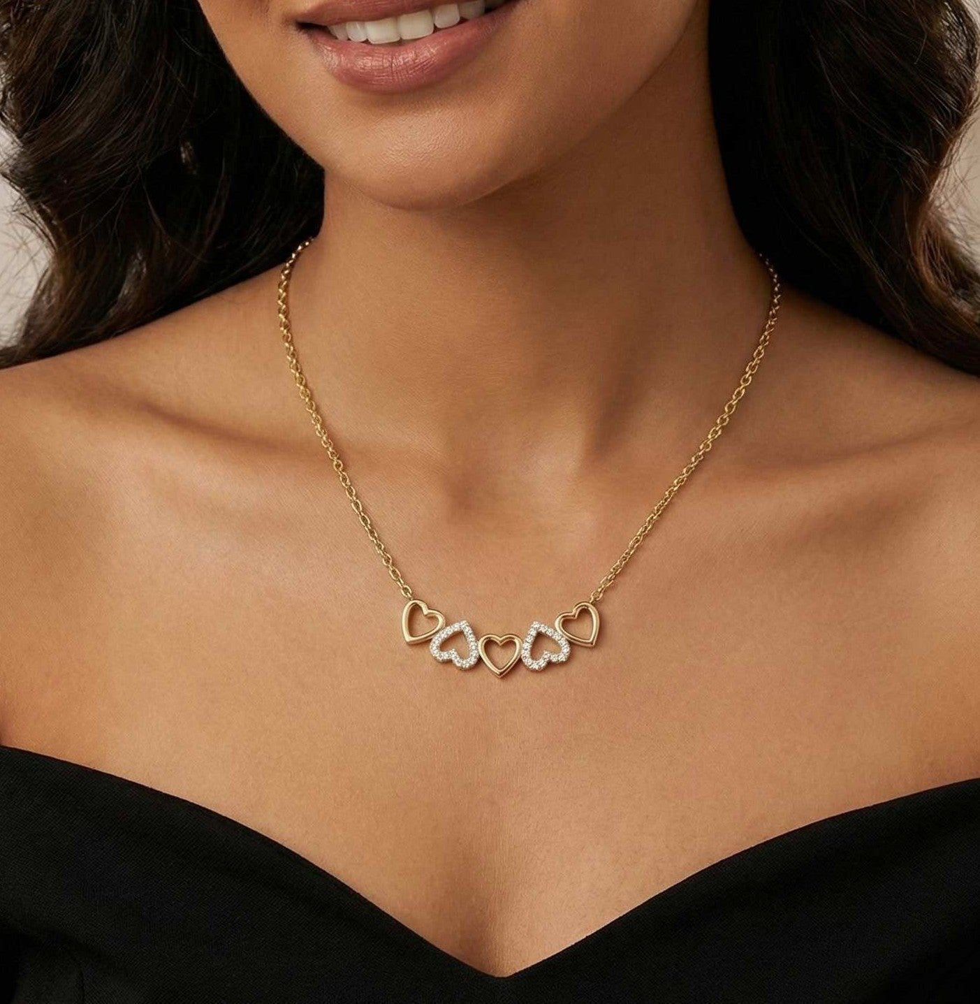 10KT Yellow Gold Five Hearts Women's Necklace