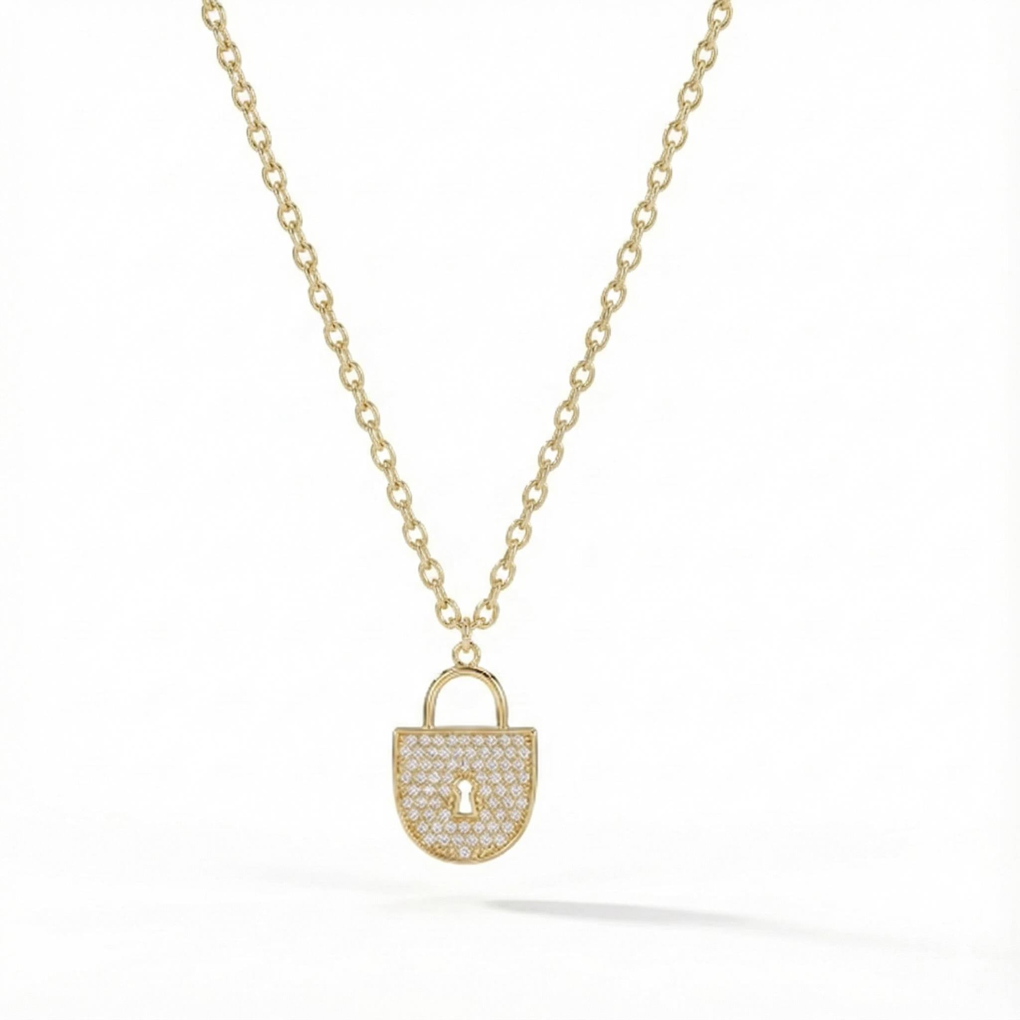 10KT Yellow Gold Paved Lock Necklace