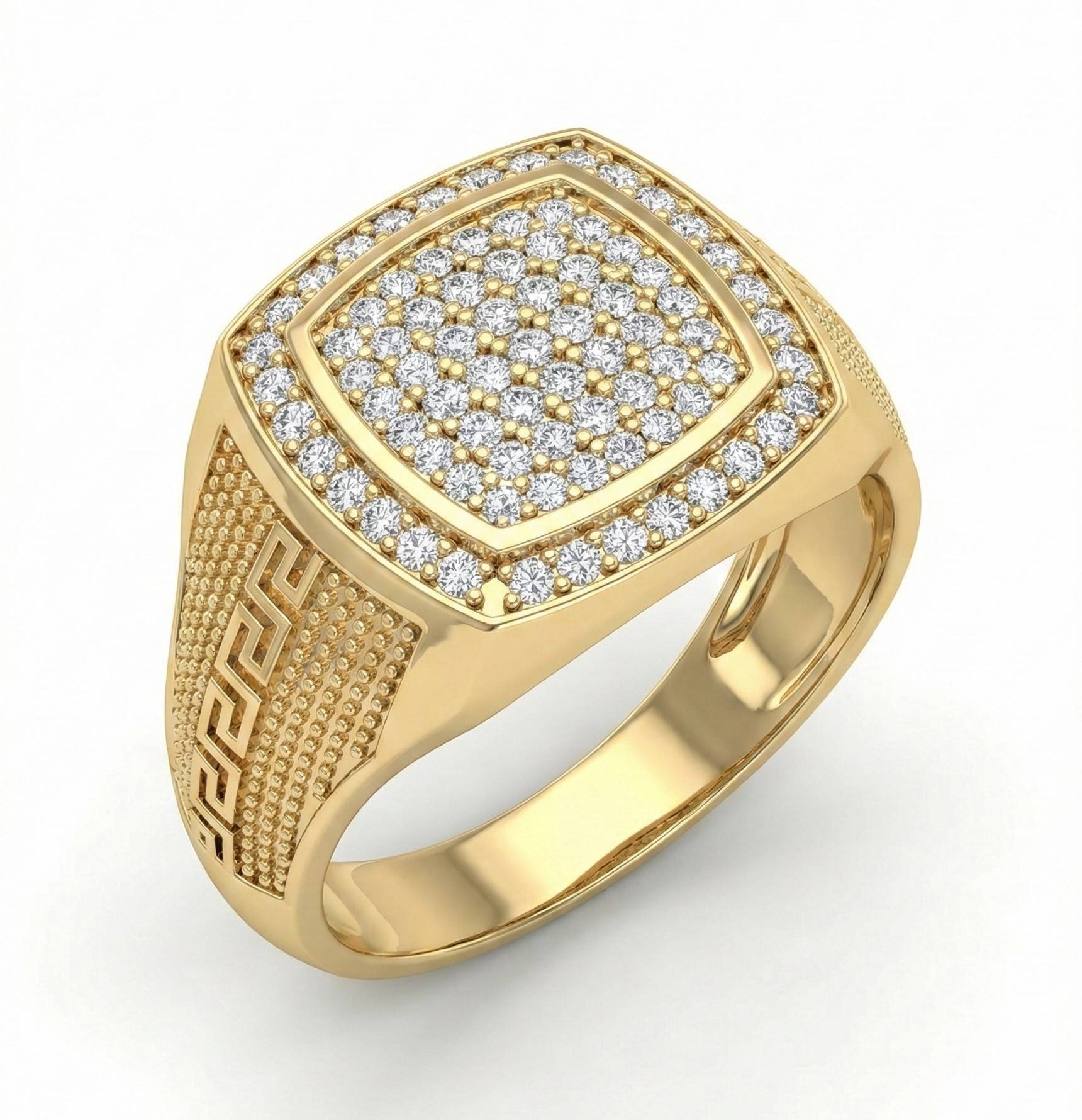 10KT Yellow Gold Studded Men's Square CZ Statement Ring with Greek Key Detail