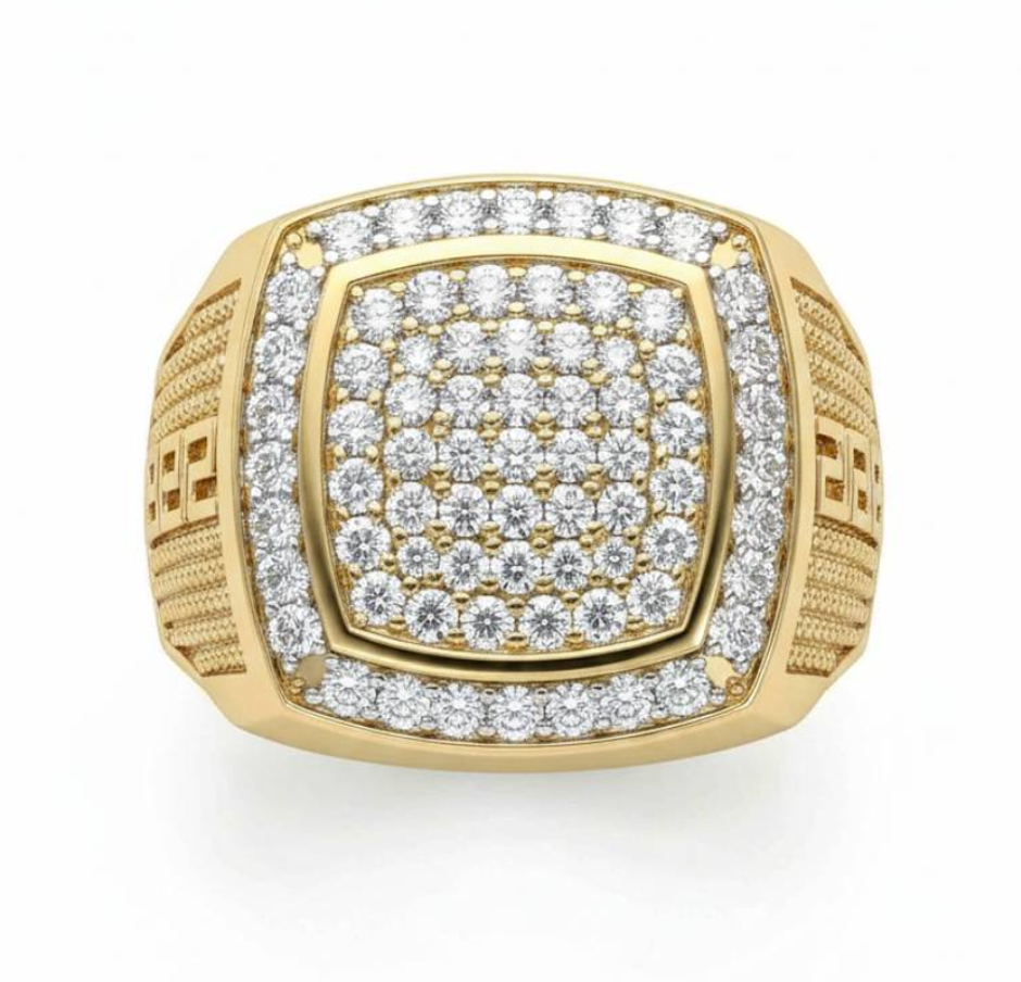 10KT Yellow Gold Studded Men's Square CZ Statement Ring with Greek Key Detail