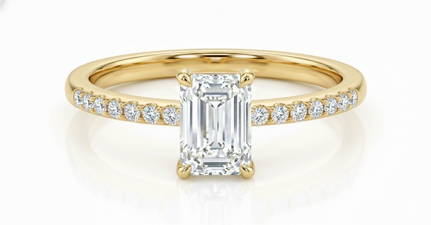 14KT .80Ct TDW Emerald Cut Solitaire Accented Lab Diamond Engagement Ring