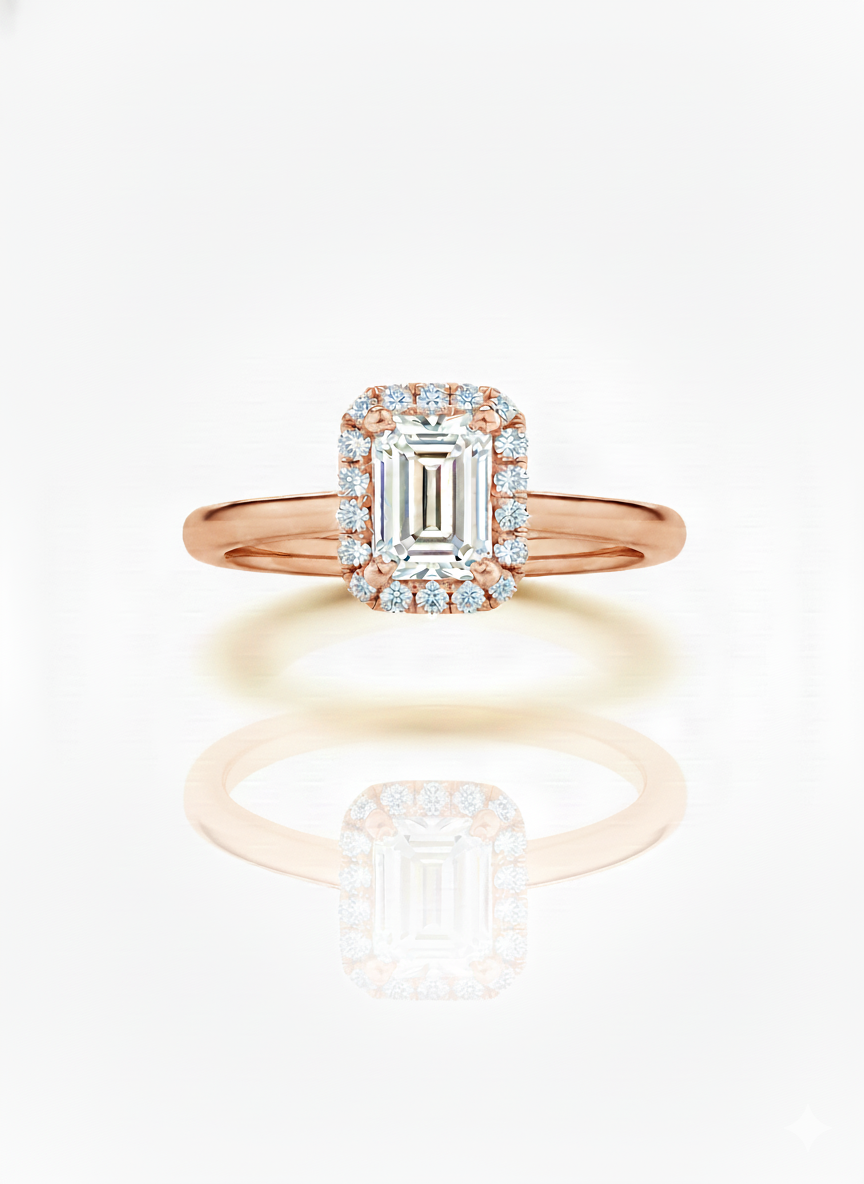 14KT .60Ct TDW Emerald Cut Halo Solitaire Lab Diamond Engagement Ring