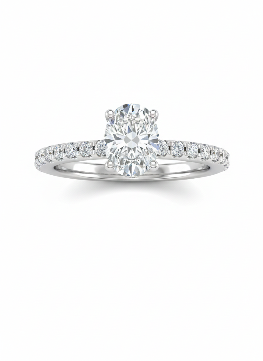 14KT .80Ct TDW Oval Solitaire Accented Lab Diamond Engagement Ring