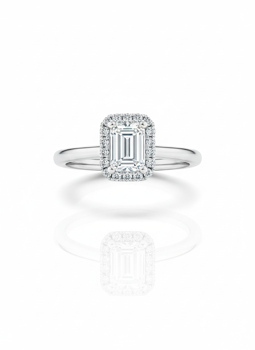 14KT .60Ct TDW Emerald Cut Halo Solitaire Lab Diamond Engagement Ring