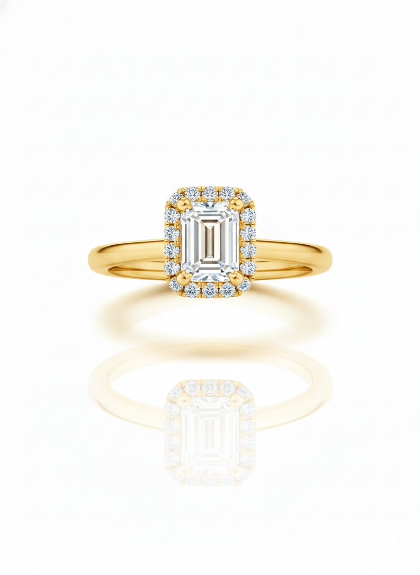 14KT .60Ct TDW Emerald Cut Halo Solitaire Lab Diamond Engagement Ring