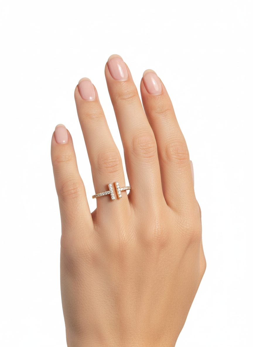 10KT Paved Open T Bar Ring