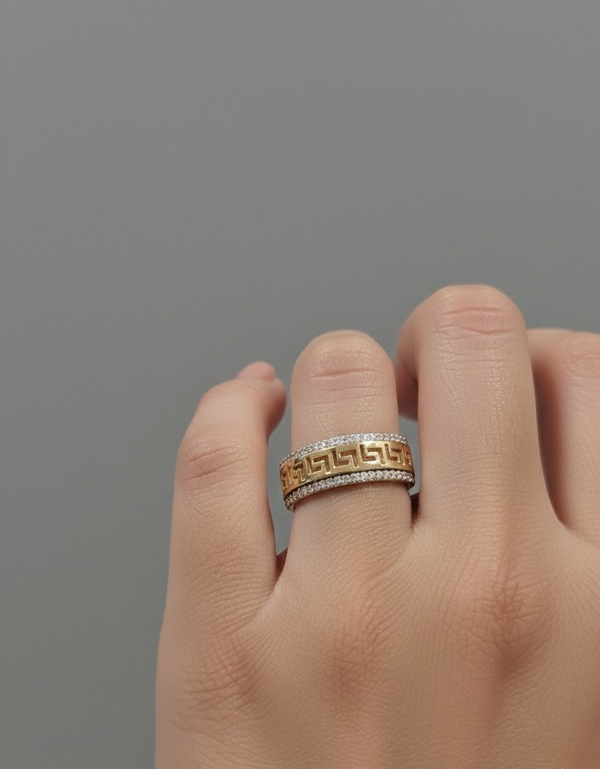 10KT Greek Meander Paved Ring