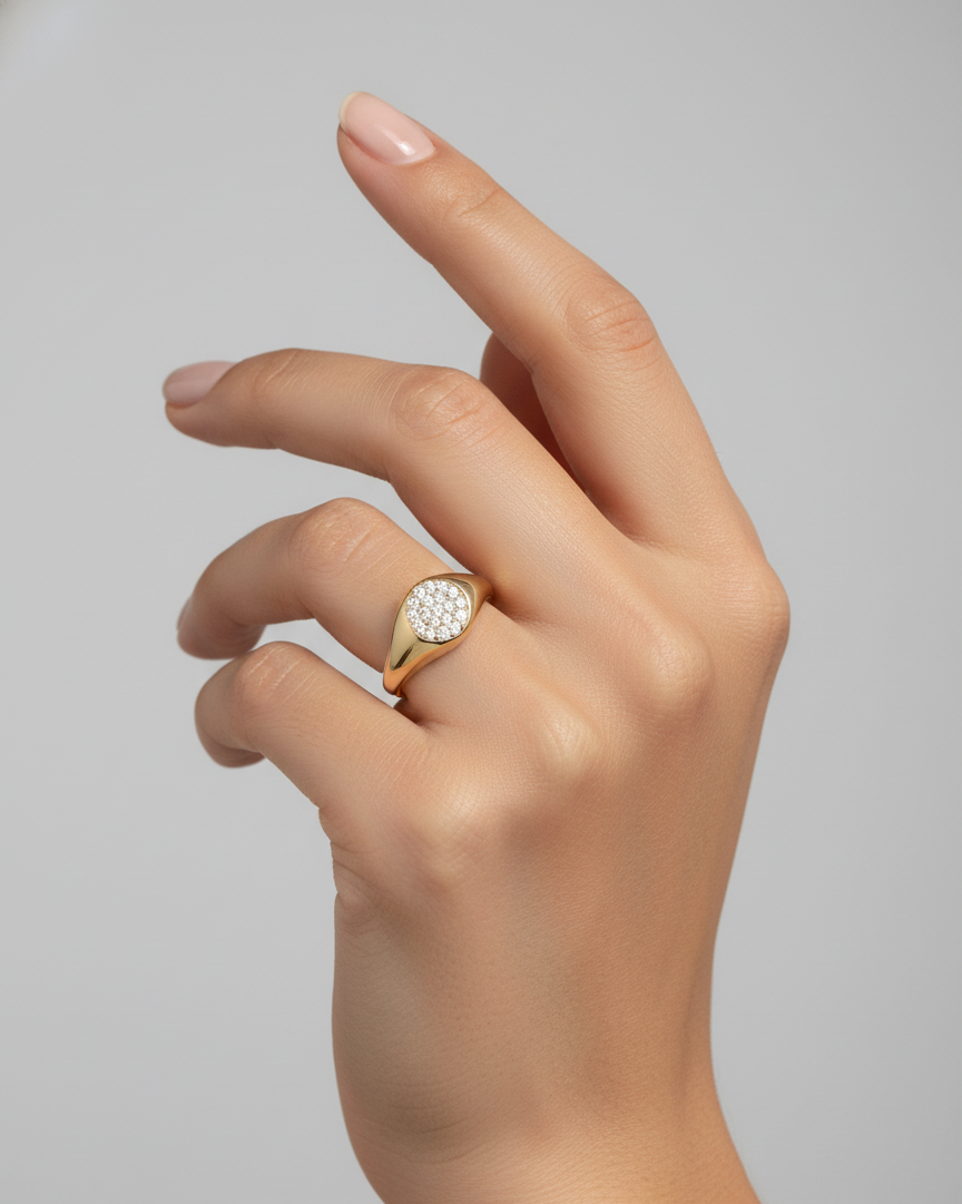 10KT Paved Round Signet Ring