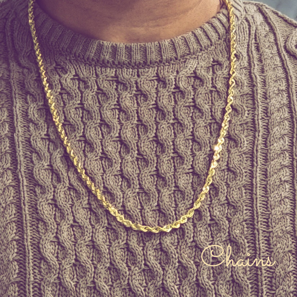 Thick and thin gold chains and heavy custom gold chains in flat curb styles.