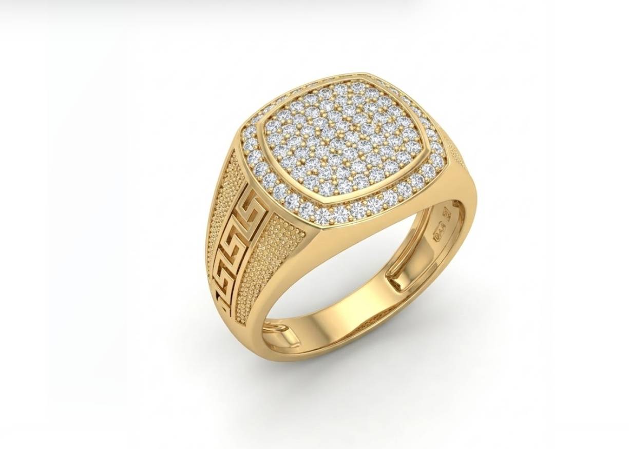 10KT Yellow Gold Studded Men's Square Diamond Statement Ring with Greek Key Detail