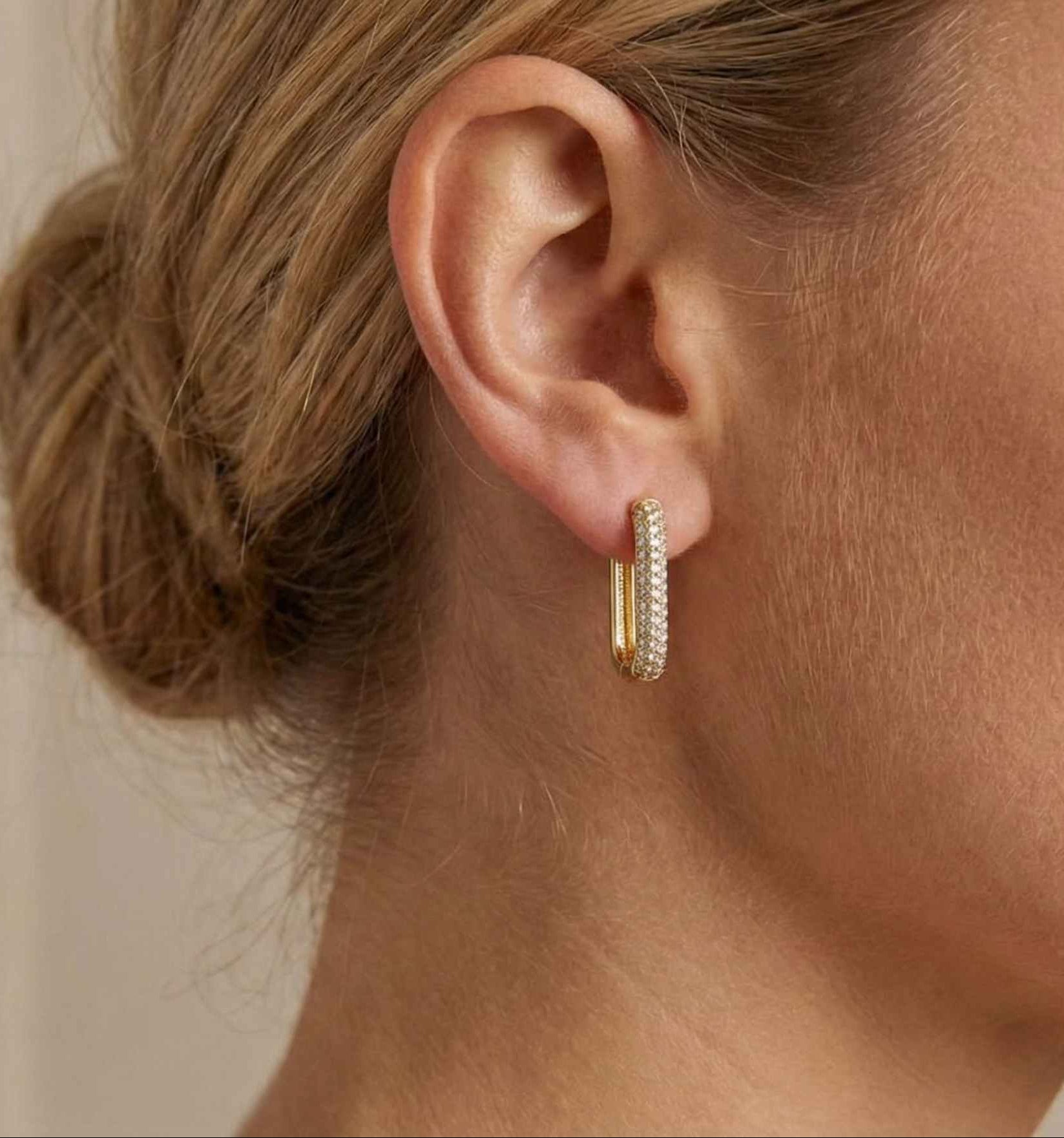 10KT Gold Elongated Oval Accented Huggies