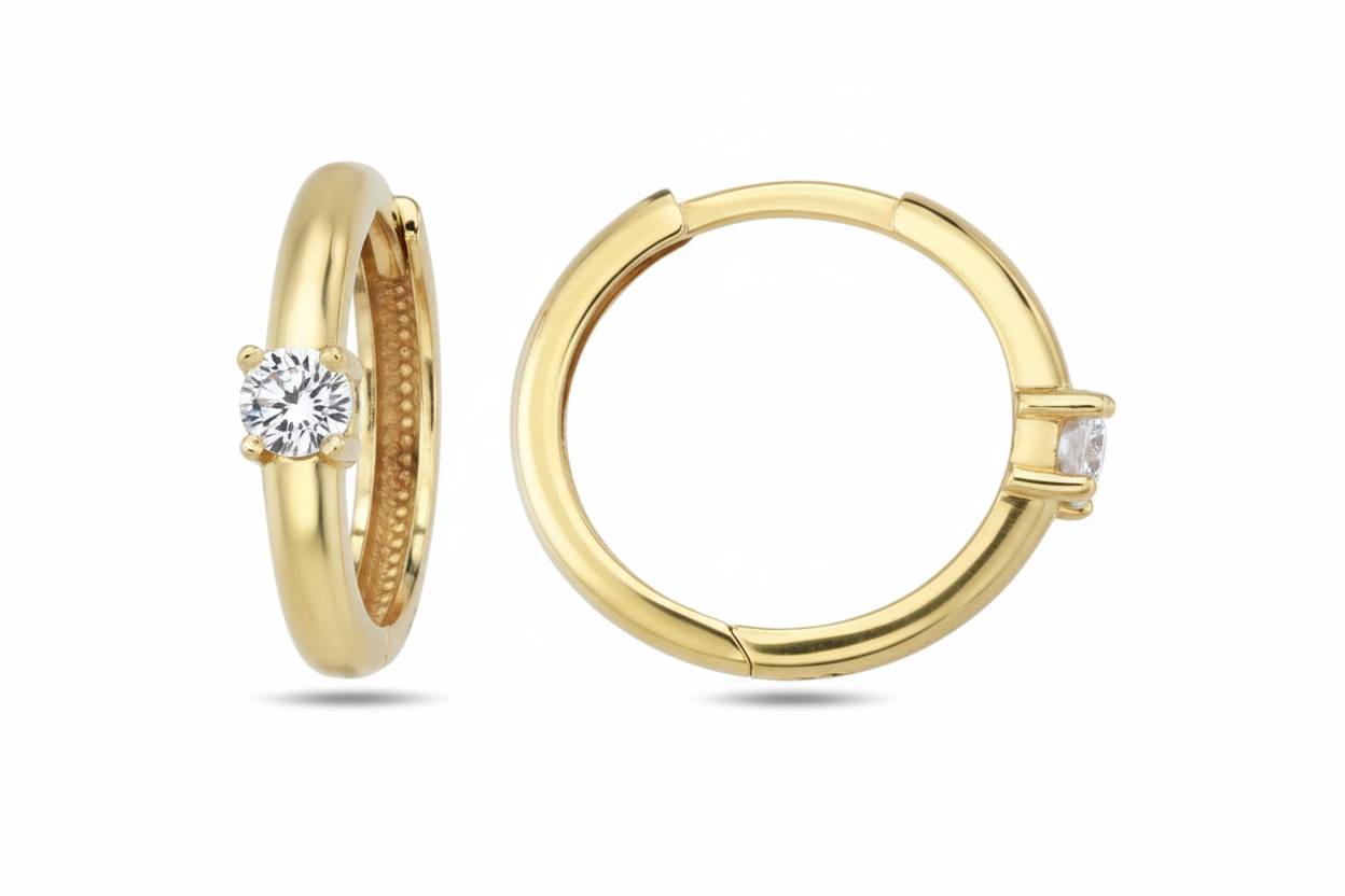 10KT Gold Round Solitaire Huggies