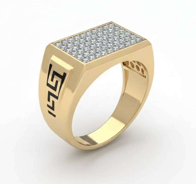 10KT Yellow Gold Men's Studded Enameled Greek Meander Ring