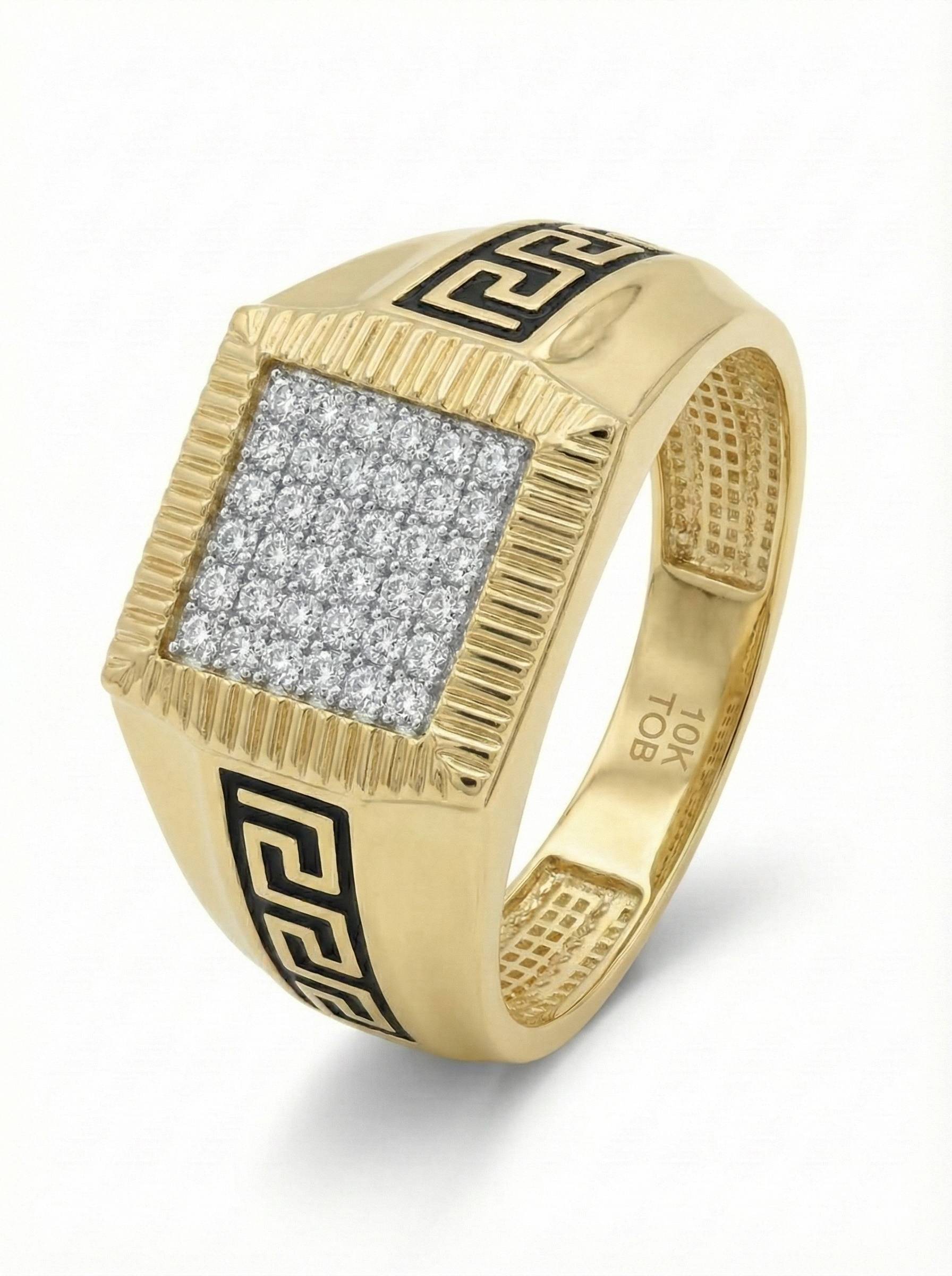 10KT Yellow Gold Men's Square Studded Ring with Enameled Pattern
