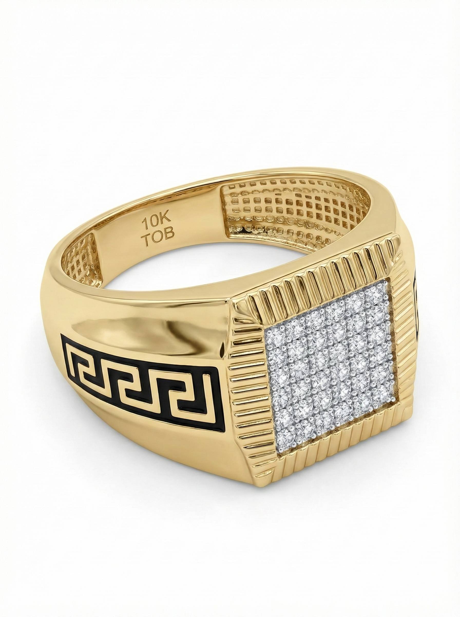 10KT Yellow Gold Men's Square Studded Ring with Enameled Pattern