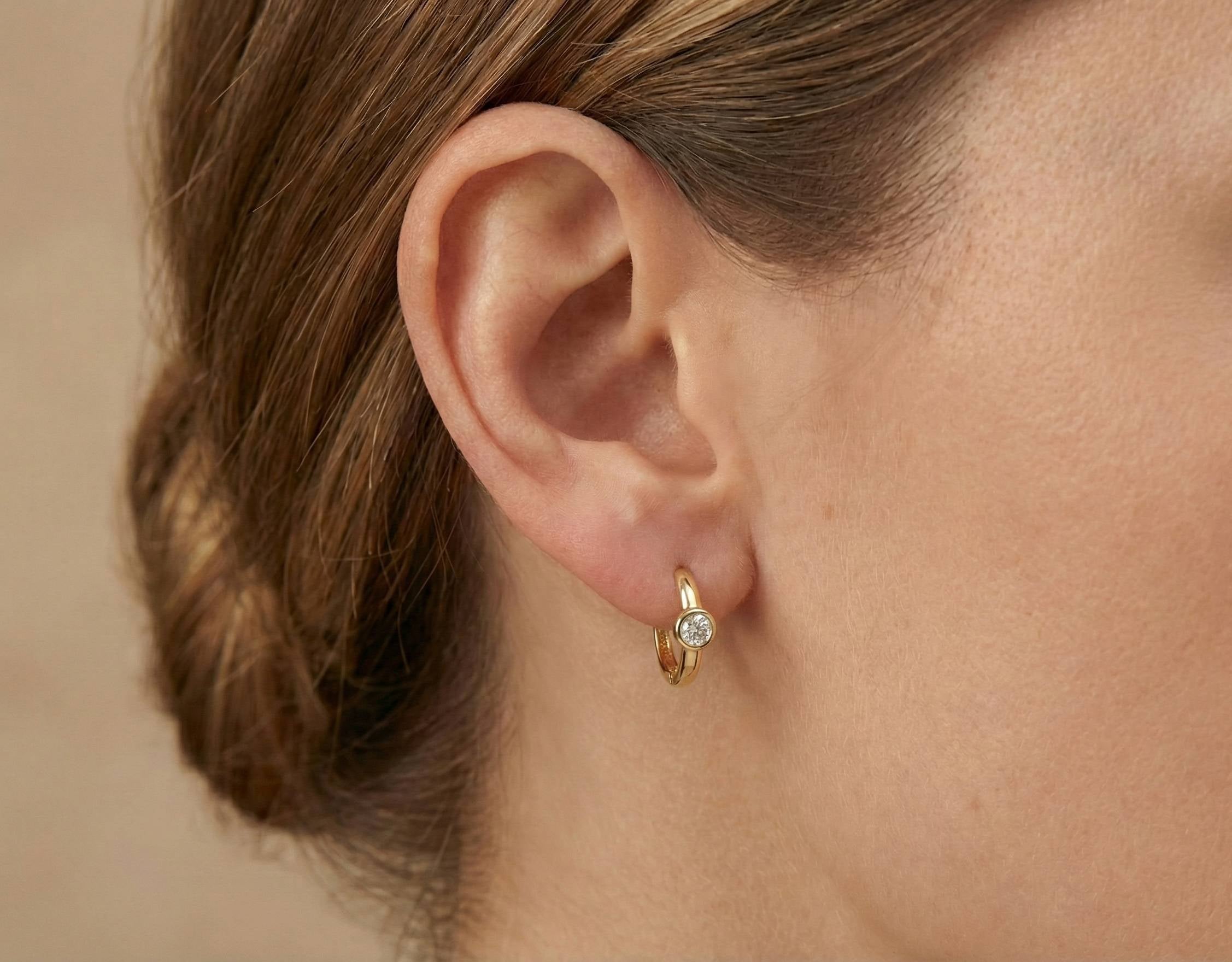 10KT Gold Bezel Set Round Solitaire Huggies