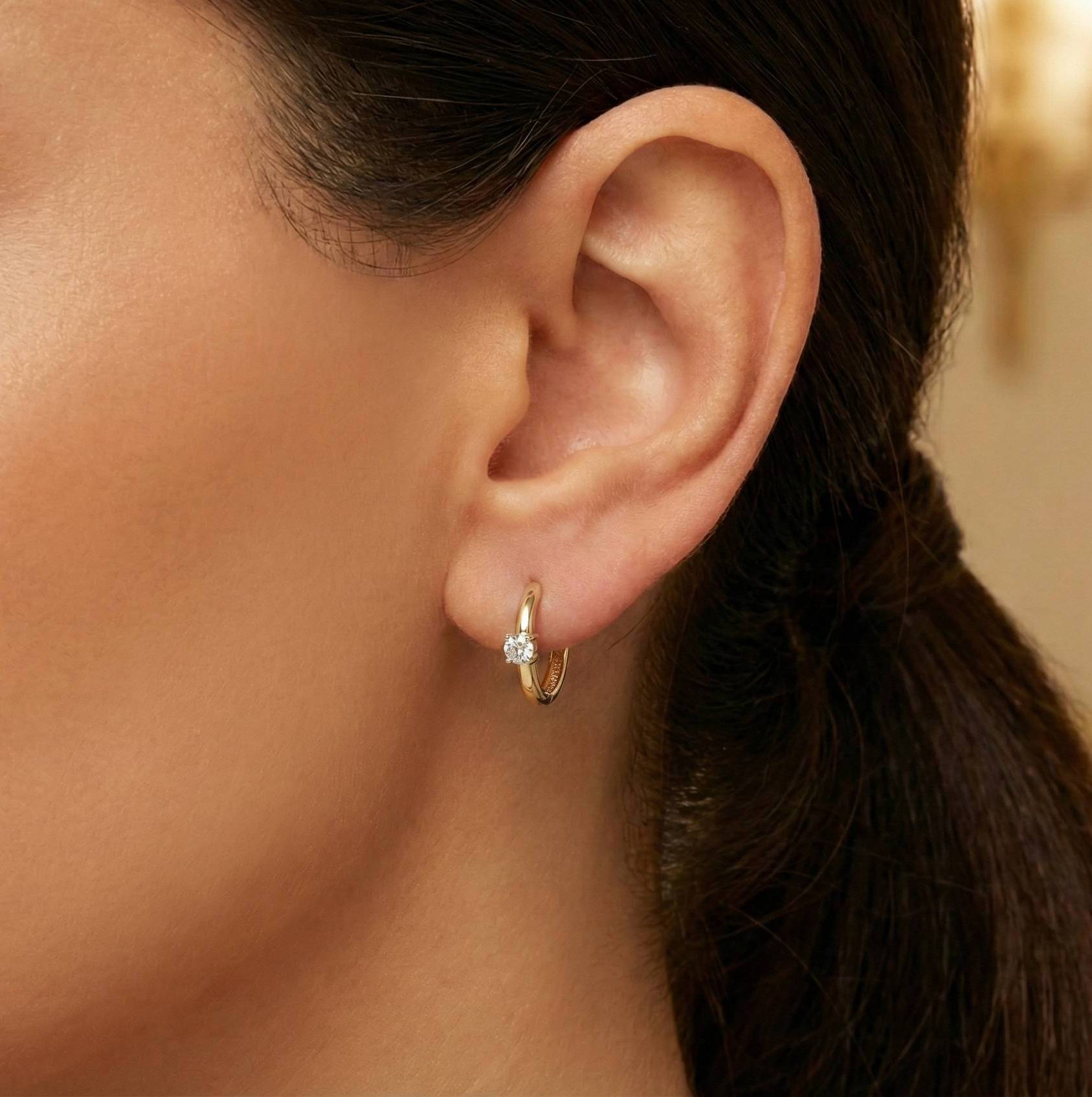 10KT Gold Round Solitaire Huggies