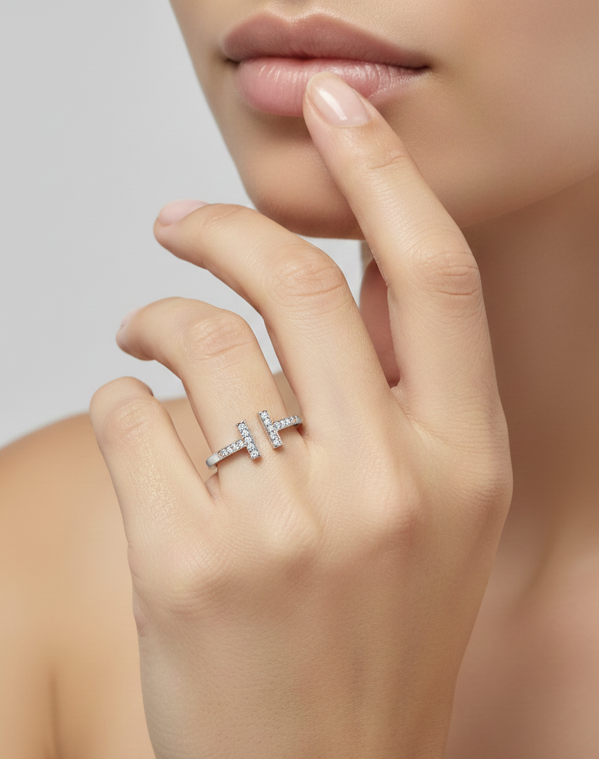 10KT Paved Open T Bar Ring