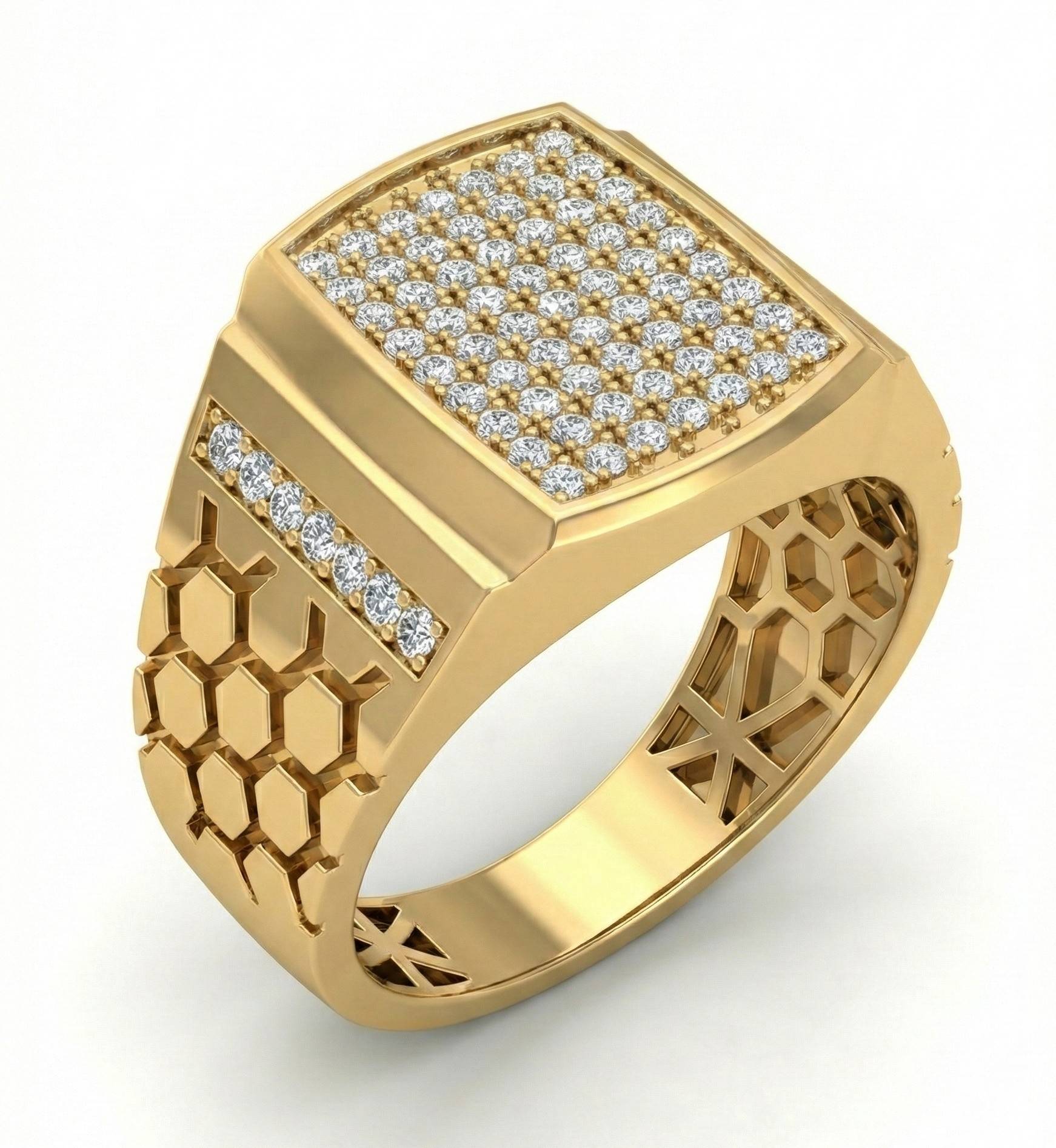 10KT Yellow Gold Men's Studded Ring with Honeycomb Pattern