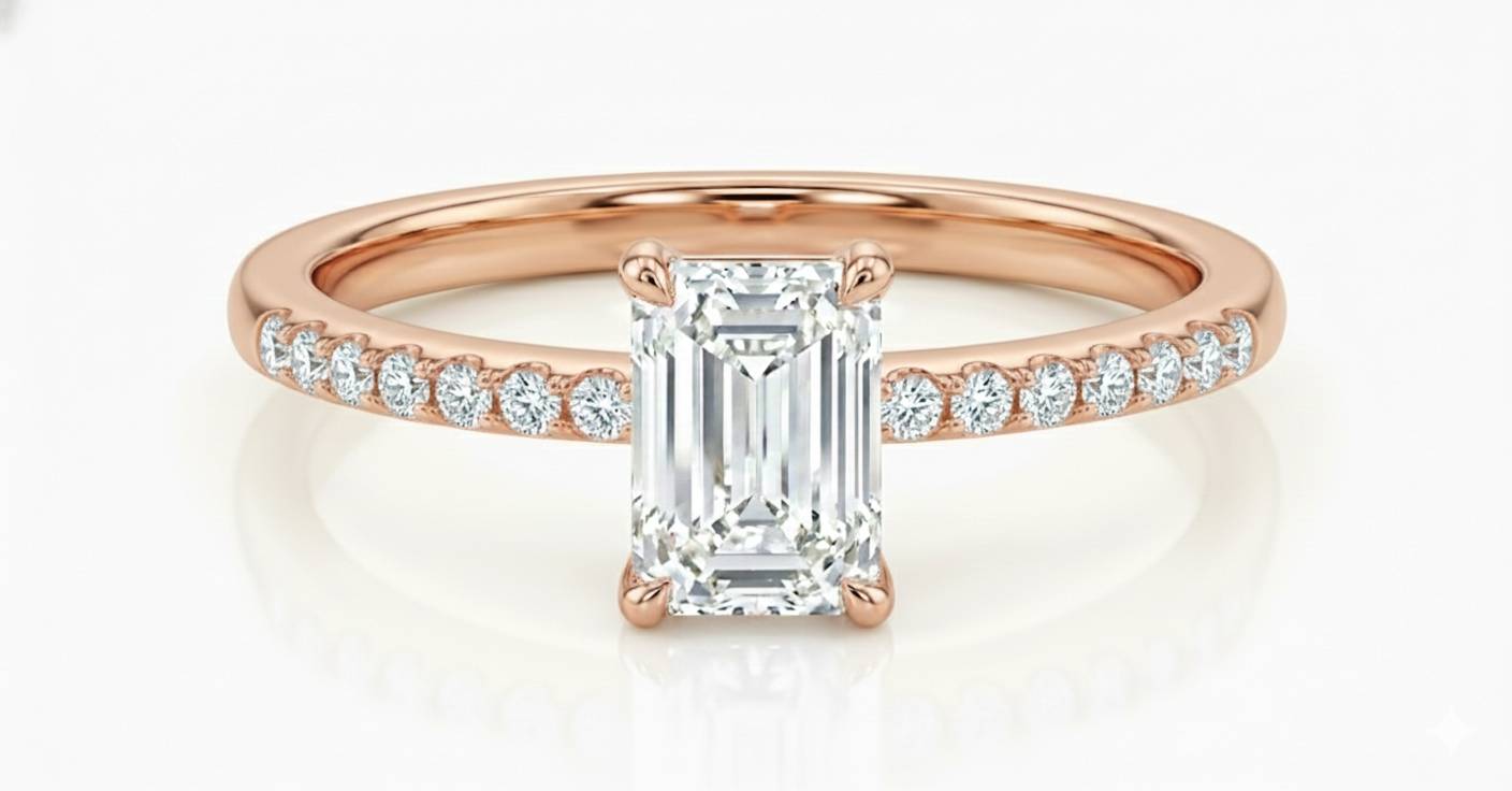14KT .80Ct TDW Emerald Cut Solitaire Accented Lab  Diamond Engagement Ring