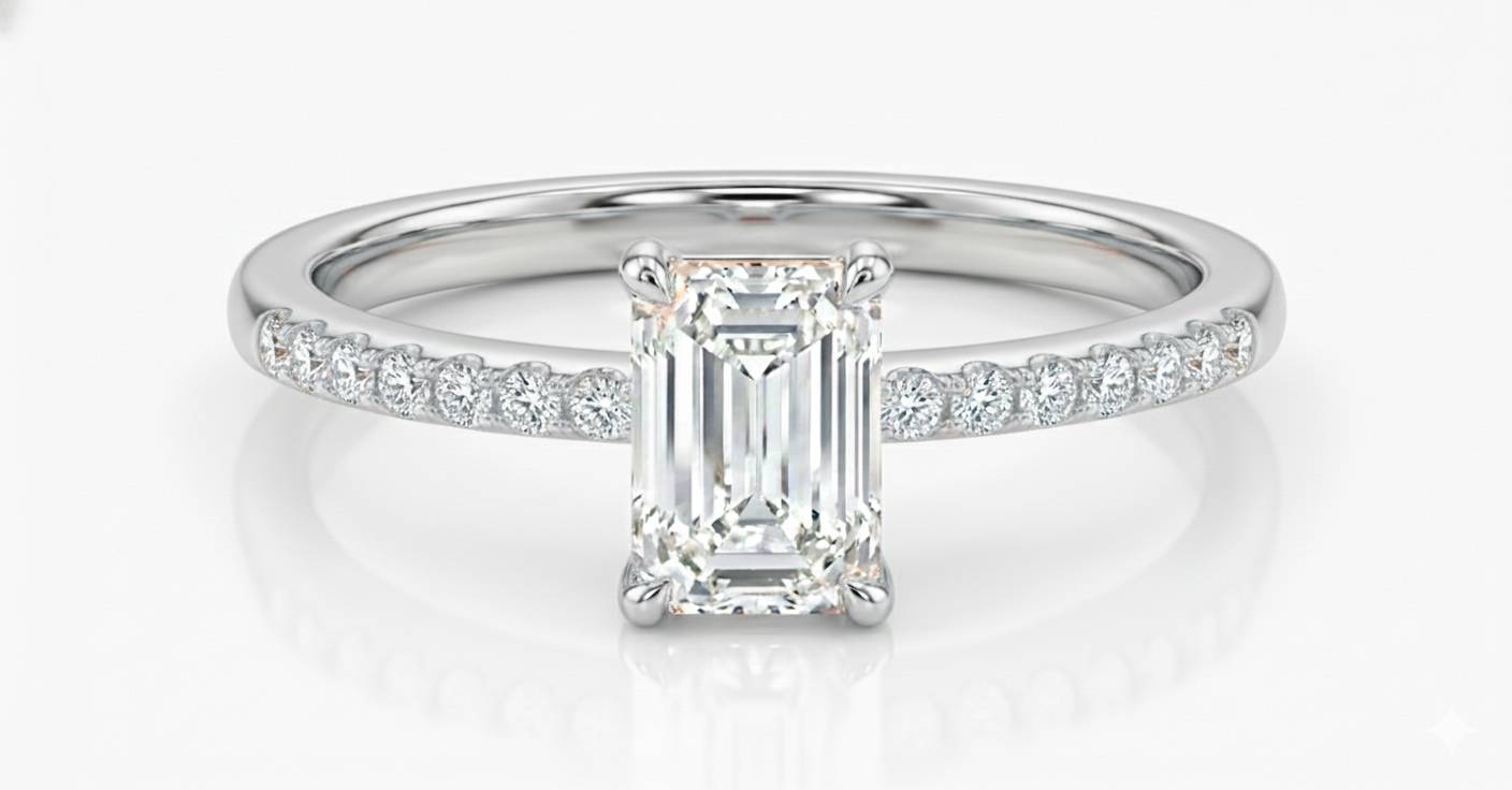 14KT .80Ct TDW Emerald Cut Solitaire Accented Lab  Diamond Engagement Ring