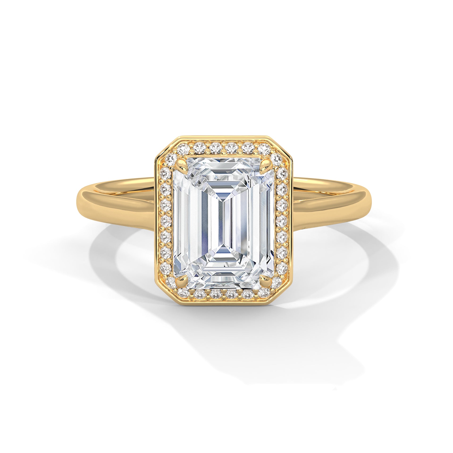 14KT 3.20 TDW Emerald Cut Solitaire Halo Lab Diamond Engagement Ring