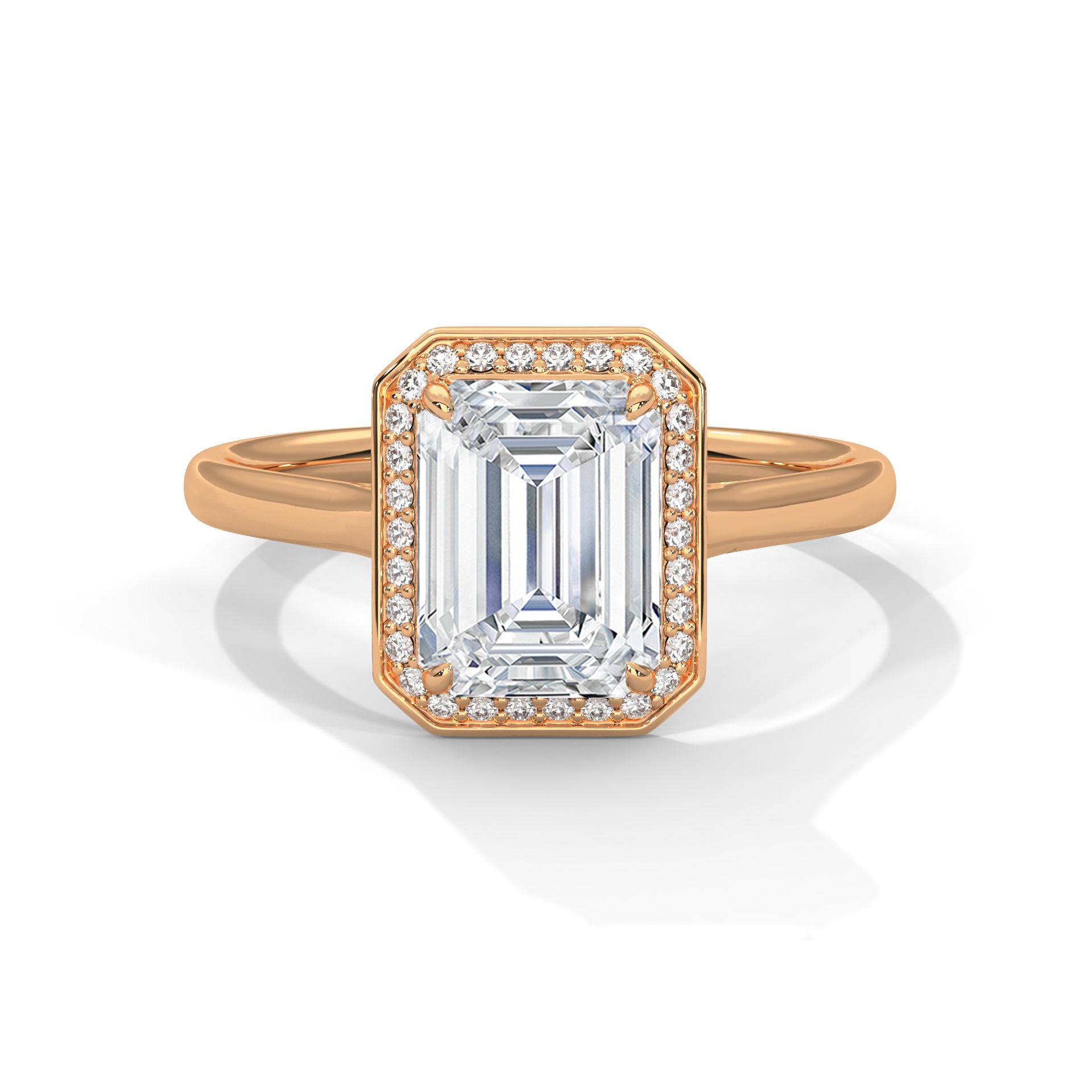 14KT 3.20 TDW Emerald Cut Solitaire Halo Lab Diamond Engagement Ring